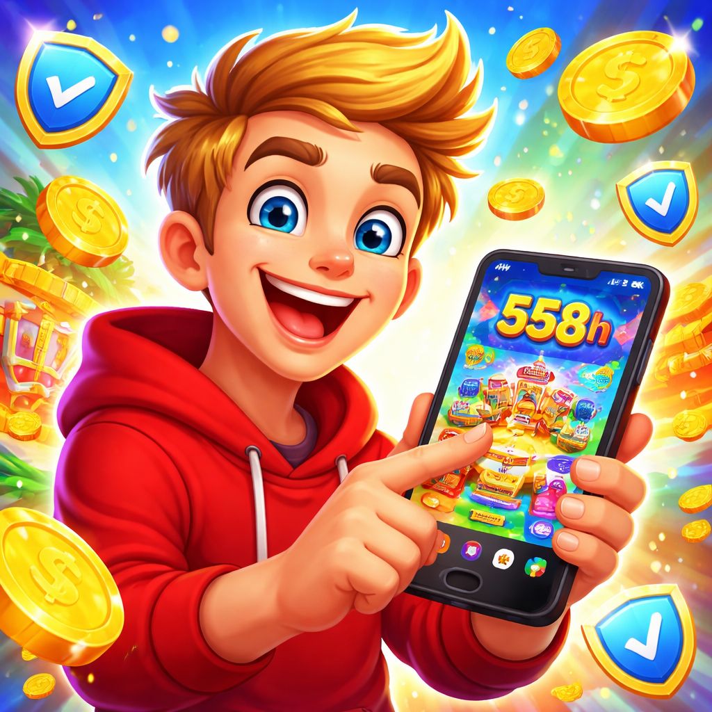 Cartoon Android gamer holding a phone with 558h app icons and reward coins