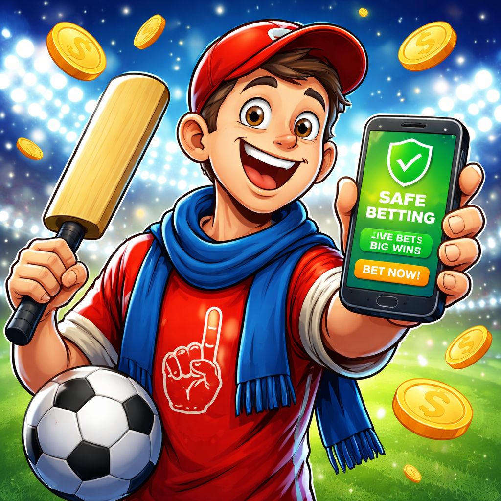 Cartoon sports fan using a mobile betting app with scoreboards and coins