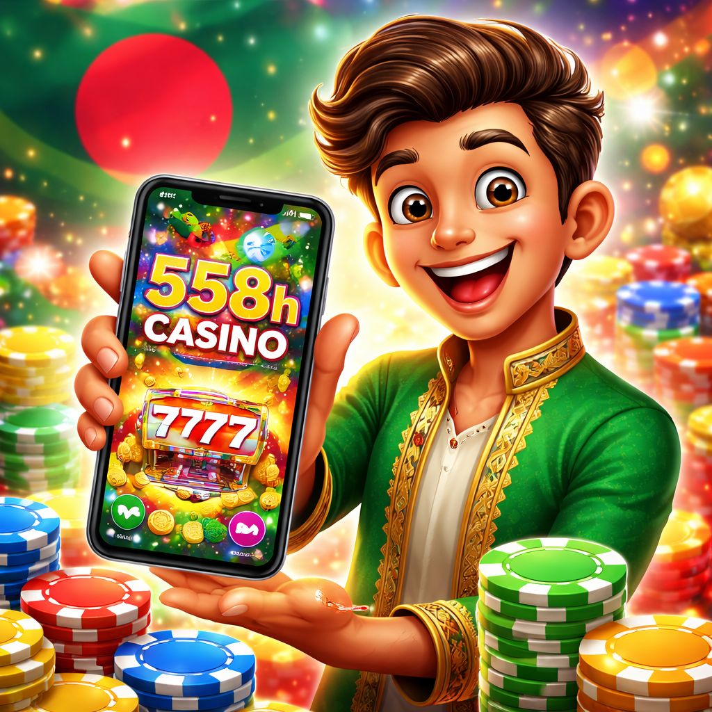 558h Casino cartoon character with casino chips and mobile app screen