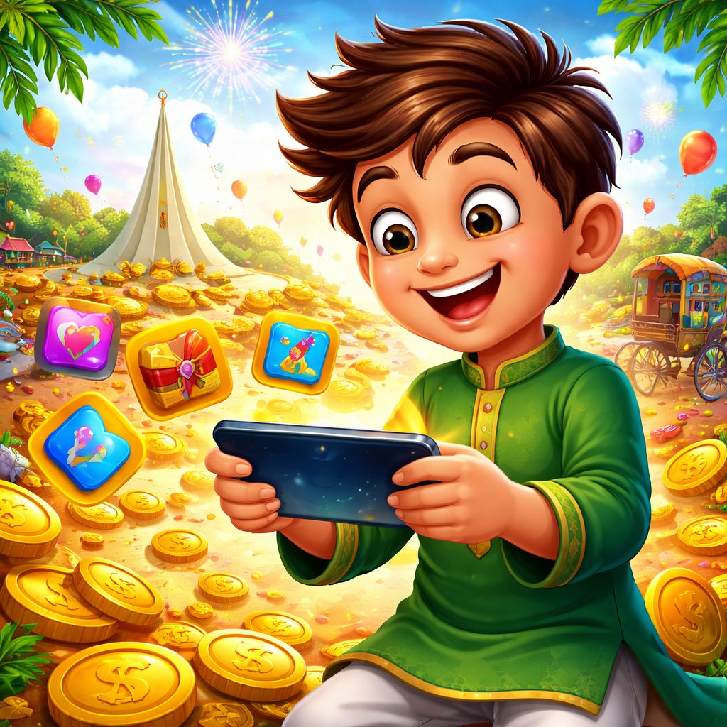Cartoon 558h player holding a phone with bright game icons and reward coins