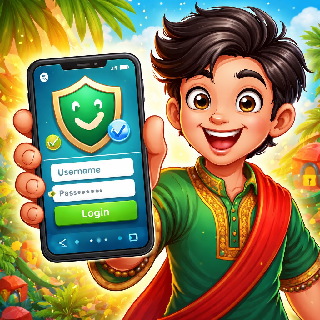 Cartoon mobile gamer securely logging into 558h with a phone and shield icon