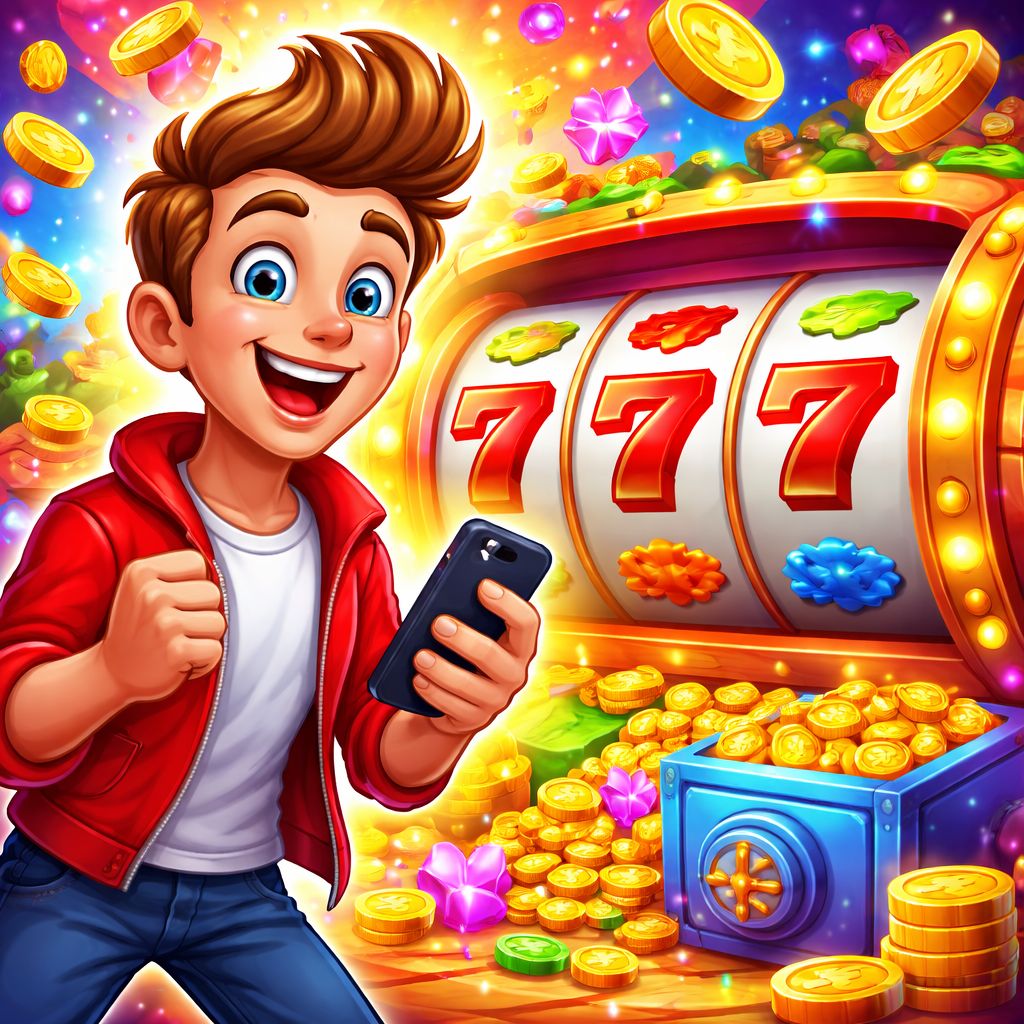 Cartoon slot player celebrating a win with colorful reels and coins